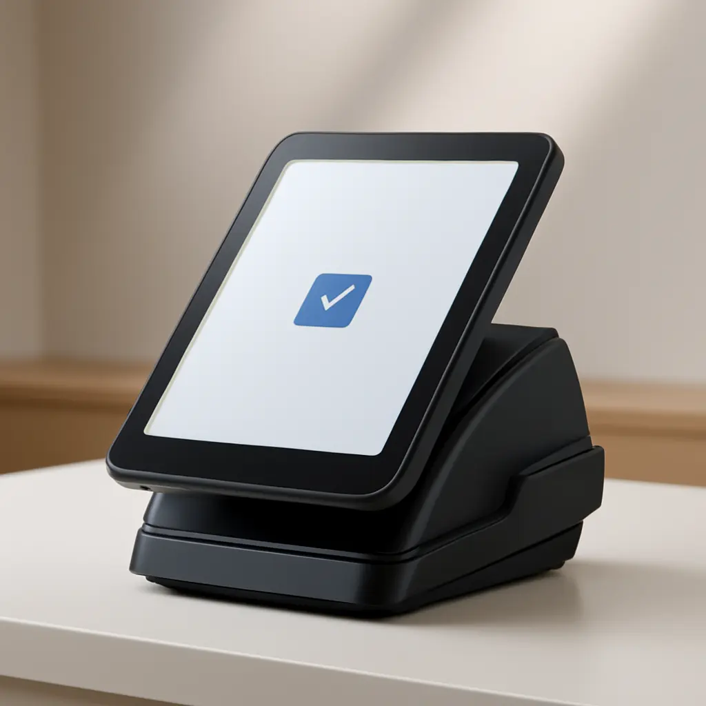 Современный кассовый аппарат с сенсорным экраном на торговом прилавке магазина