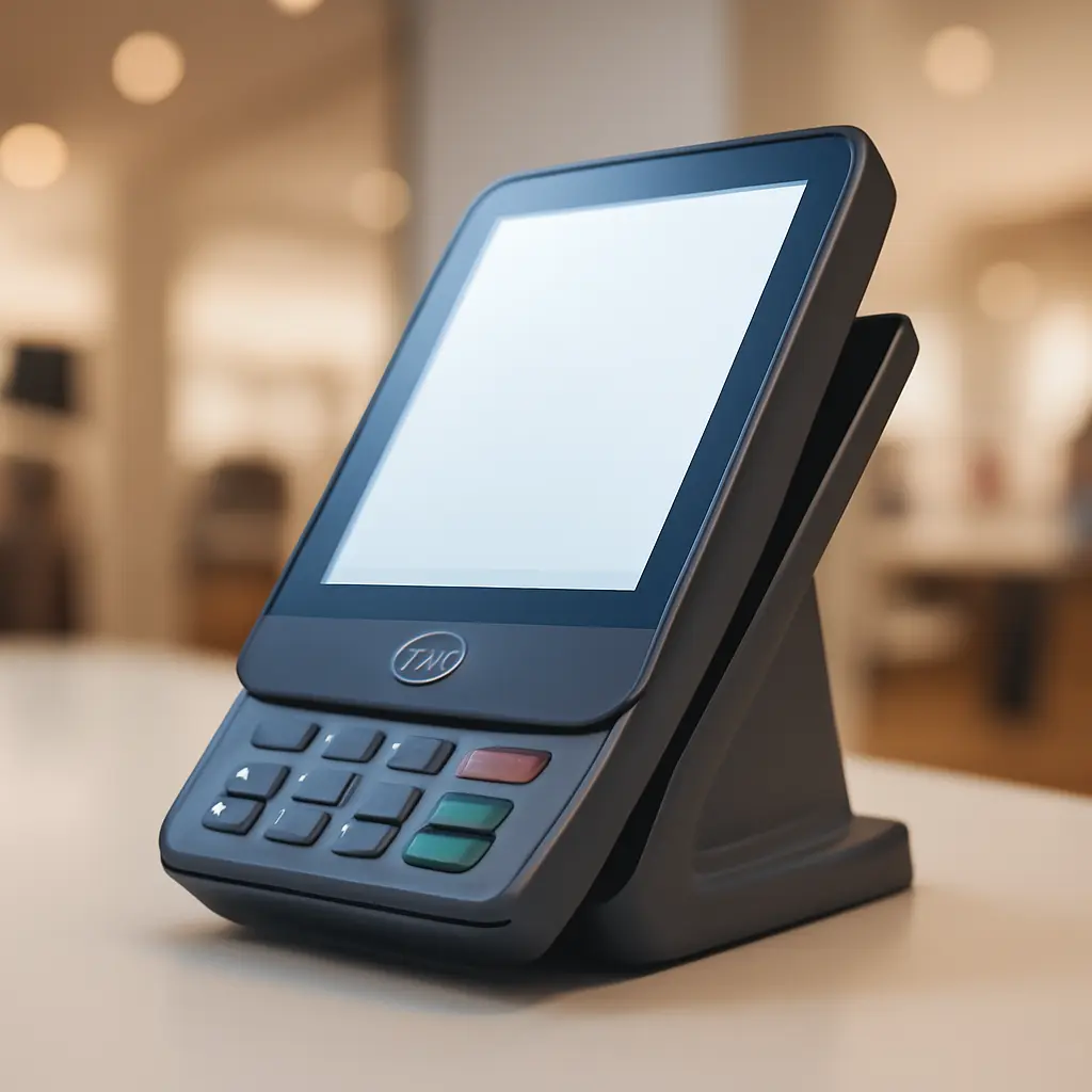 Современный кассовый аппарат на прилавке небольшого магазина с сенсорным экраном