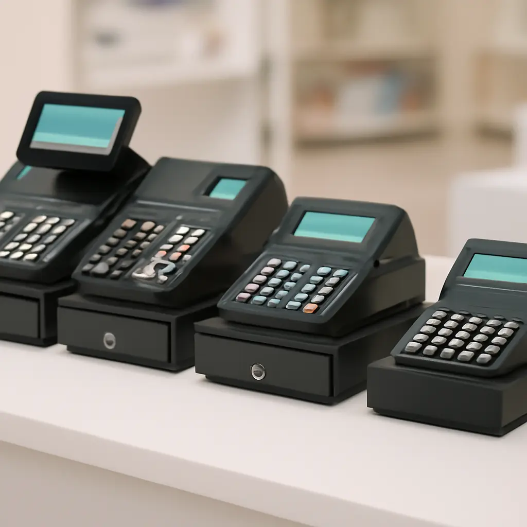Несколько кассовых аппаратов разных моделей расположены рядом для сравнения